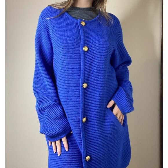 Linea by Louis Blue Acrylic & Wool Long Knit Jacket Oversized Cardigan Medium - Picture 1 of 9